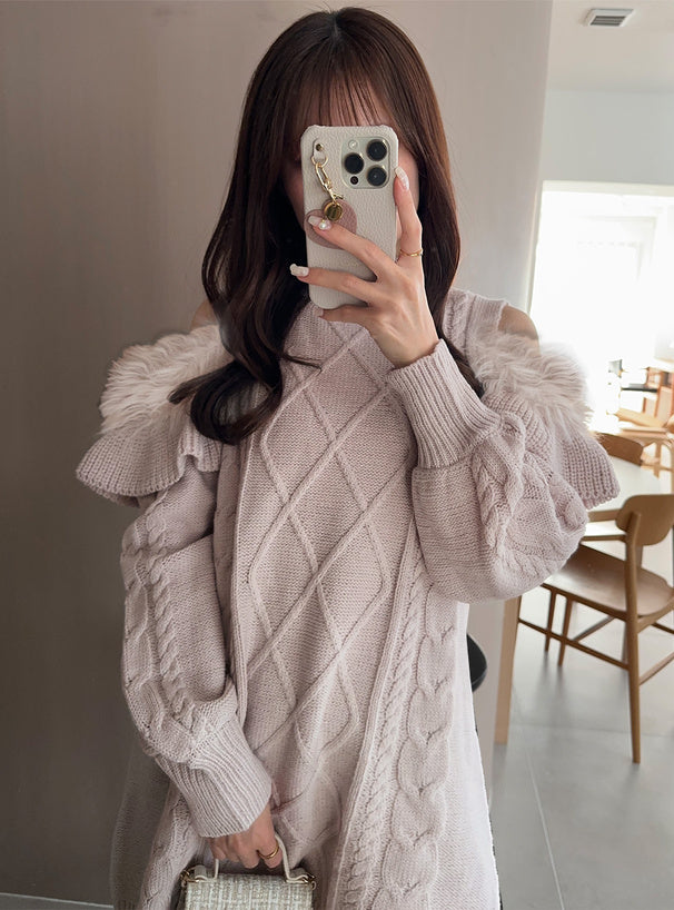 四色入｜露肩羽毛針織連身裙