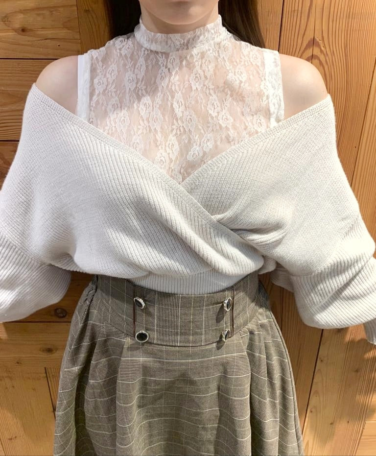 2way蕾絲接合針織上衣