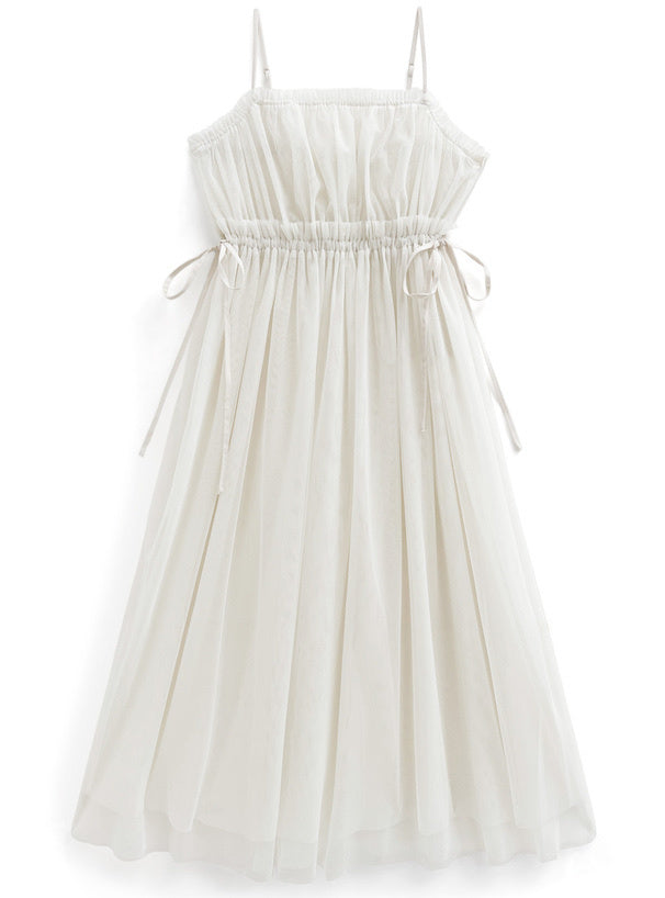 薄紗束腰絲帶連身裙