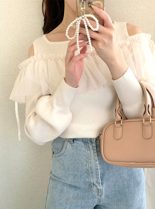 露肩薄紗圍邊針織上衣