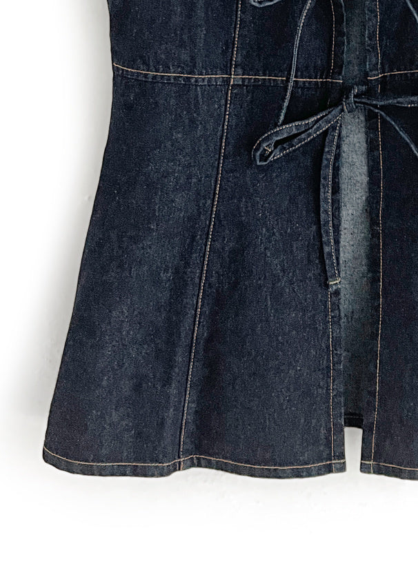 短版牛仔絲帶吊帶連身裙