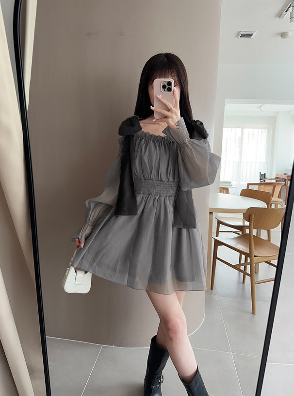 緞帶肩透視連身裙