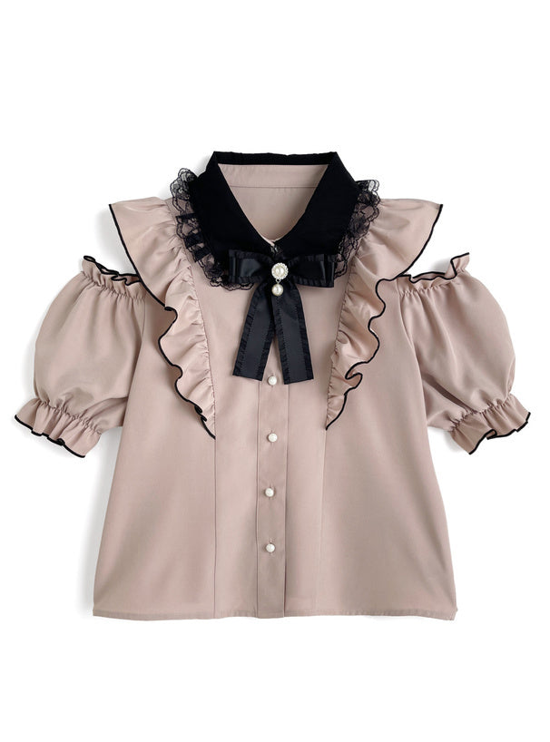 蝴蝶結可拆！露肩荷葉邊上衣