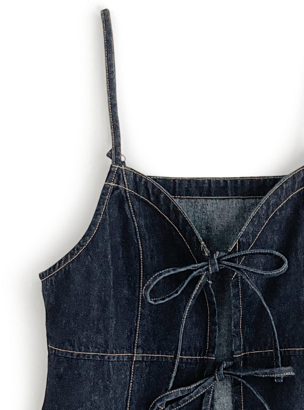 短版牛仔絲帶吊帶連身裙
