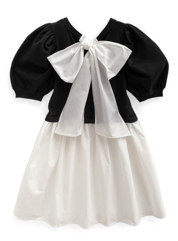 拼色絲帶假兩件連身裙