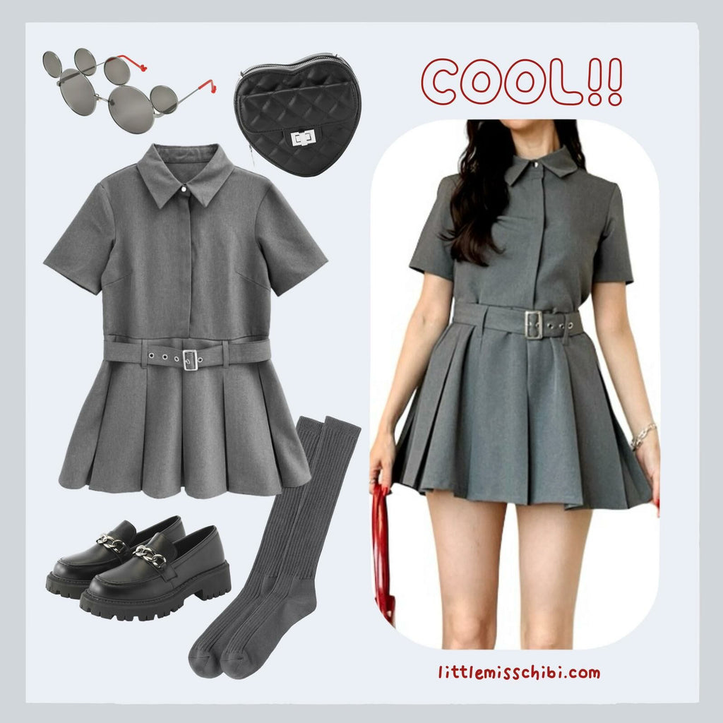 配腰帶百褶連身短裙