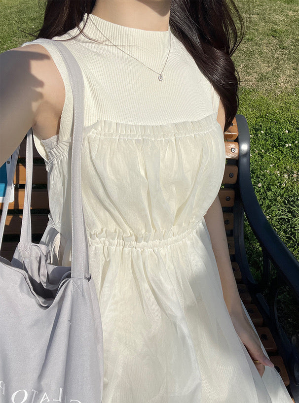 薄紗束腰絲帶連身裙