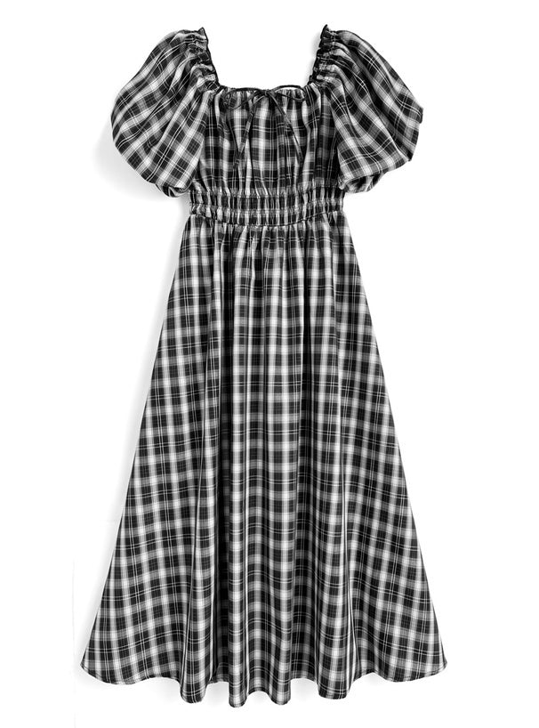 格紋燈籠袖連身裙