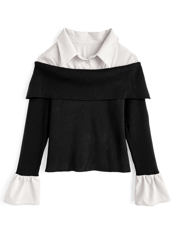 襯衫拚接露肩針織上衣