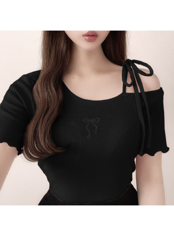 三色入|雙蝴蝶結一字肩上衣