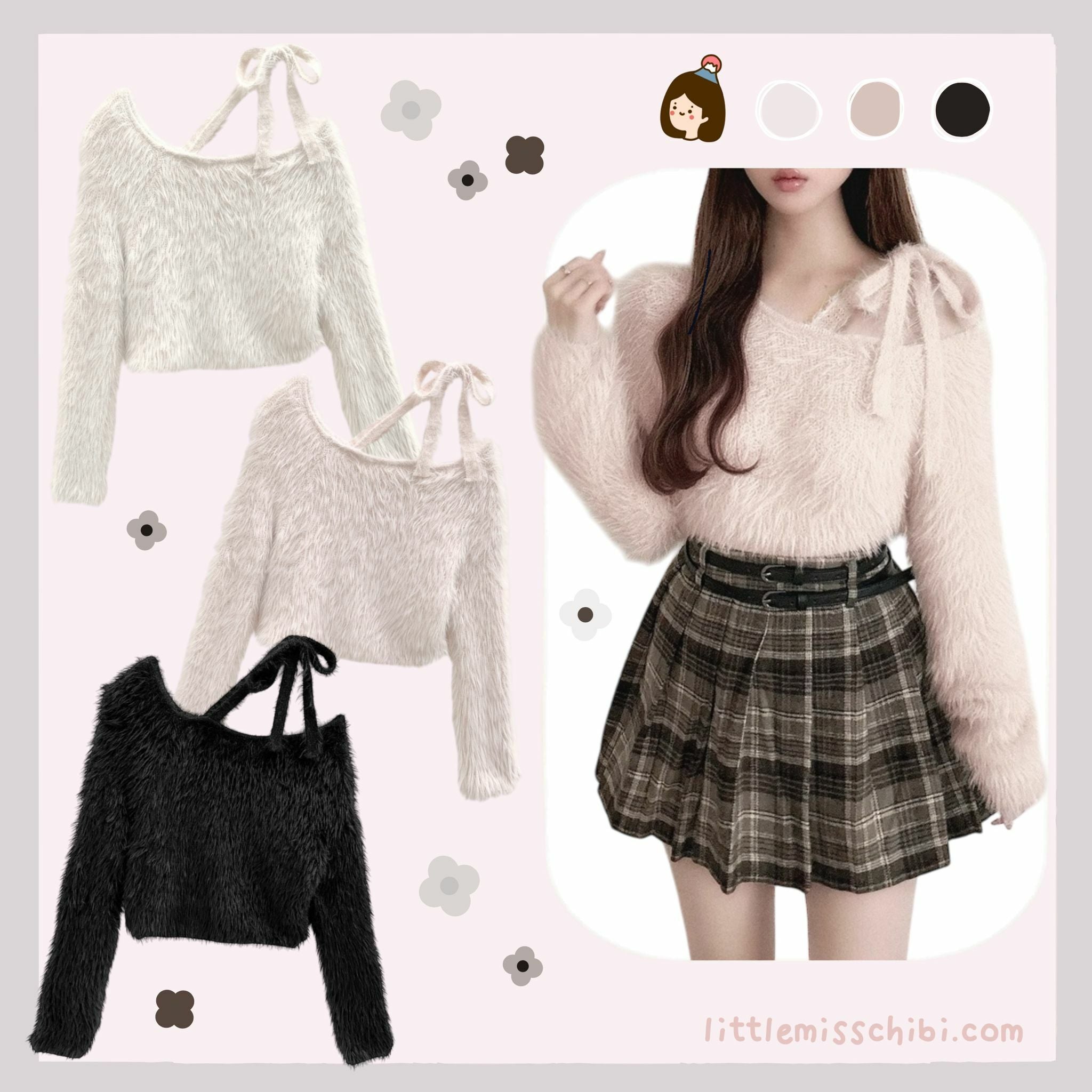 一字肩羽毛針織絲帶上衣