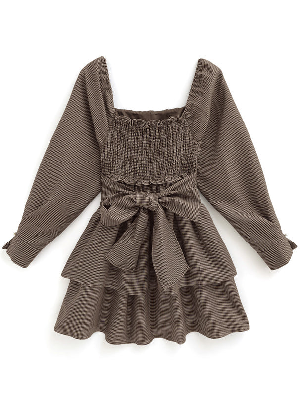 背絲帶千鳥格連身裙