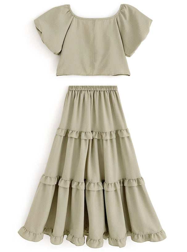 兩色入 | 緞帶短上衣 x 分層荷葉裙套裝