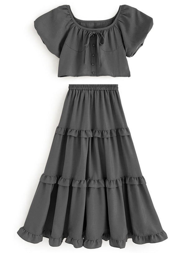 兩色入 | 緞帶短上衣 x 分層荷葉裙套裝