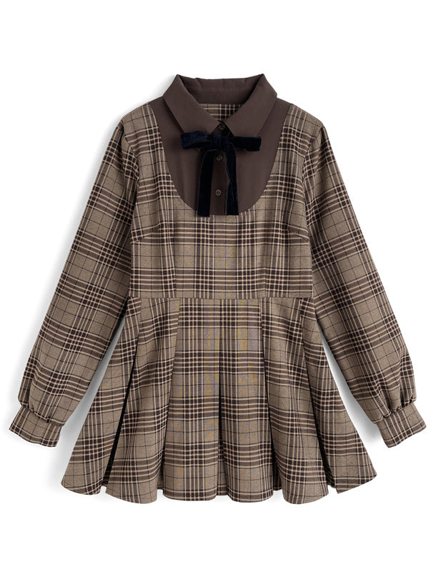 襯衫式假兩件格紋連身裙