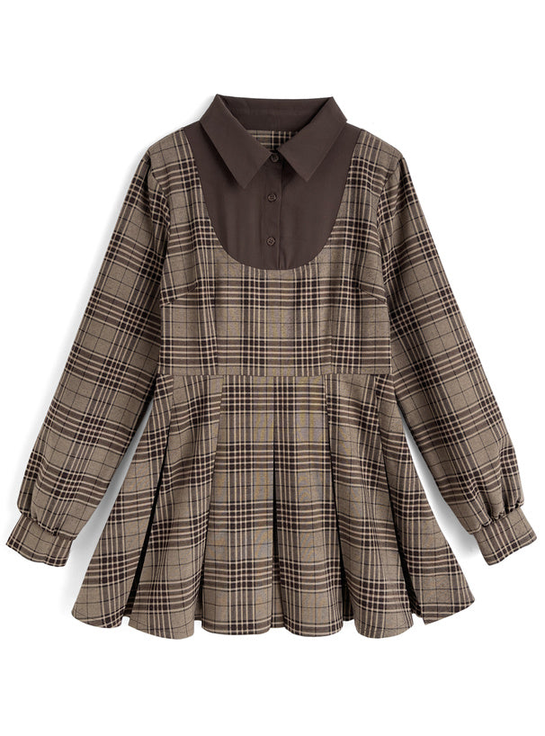 襯衫式假兩件格紋連身裙