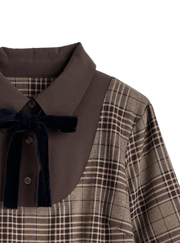 襯衫式假兩件格紋連身裙