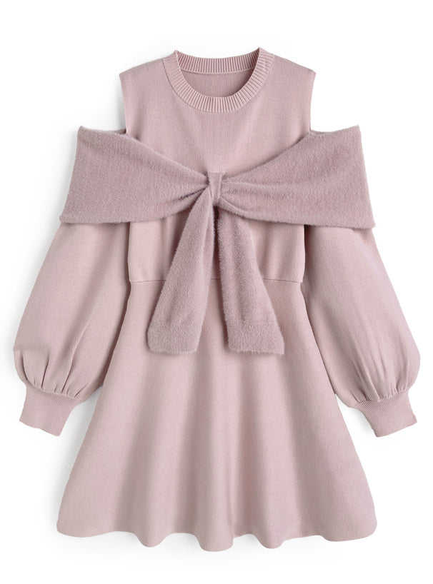 露肩毛絨針織裙